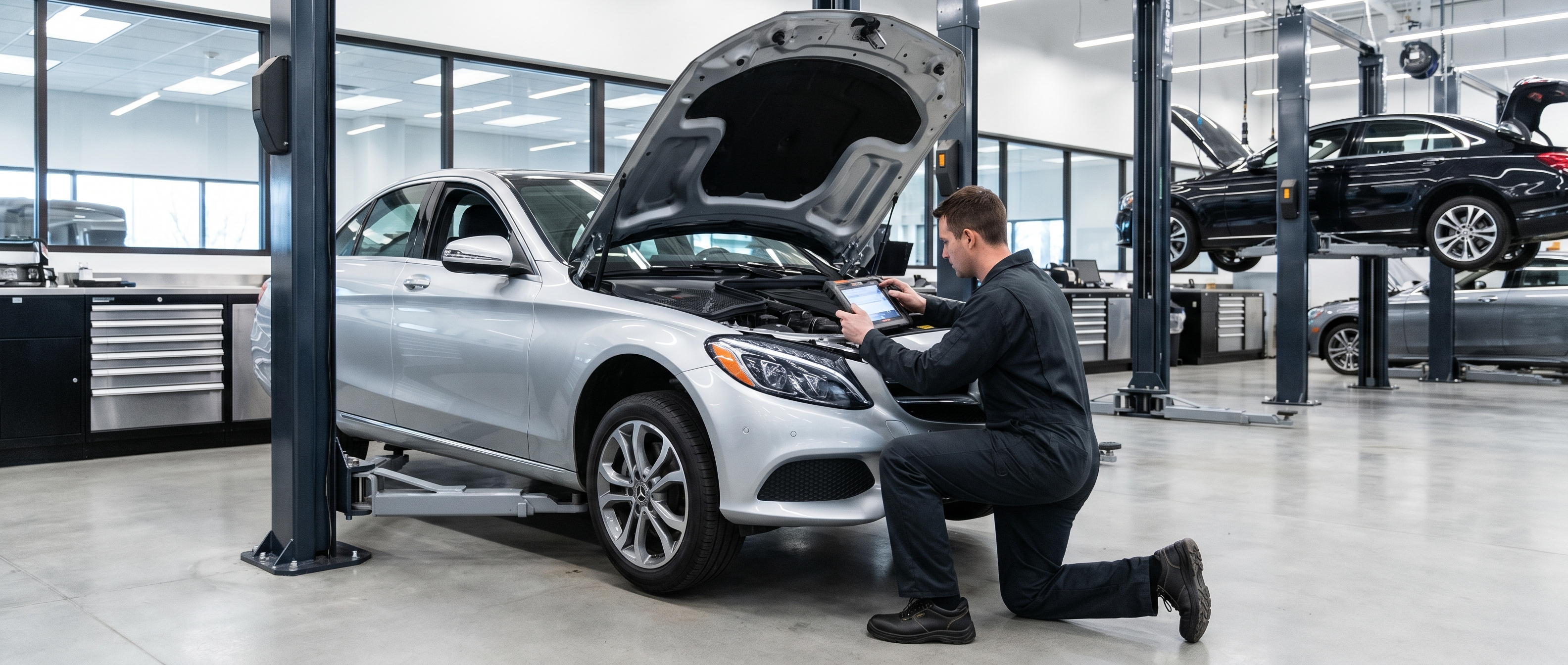 Mercedes-Benz service technician performing maintenance in Duluth GA